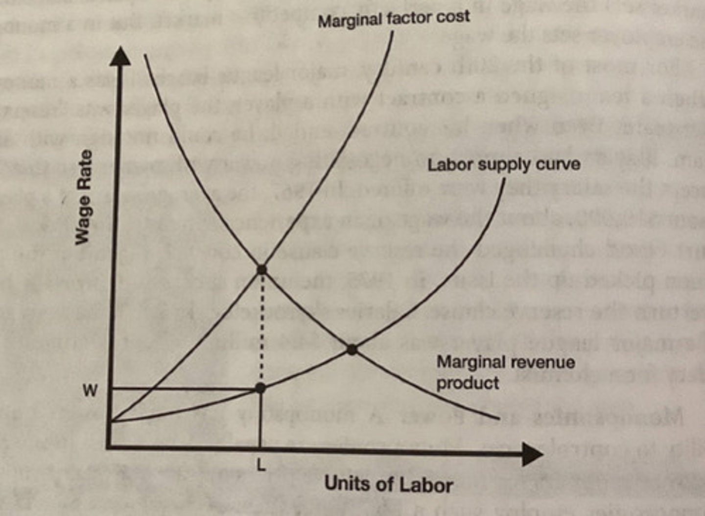 <p>-wages increase -&gt; number of workers available increase</p><p>-employer hires more workers -&gt; mrp decreases</p>