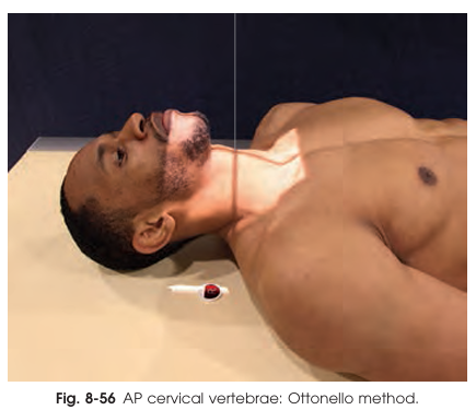 <p>Where should the central ray (CR) be directed for an Ottonello method AP cervical spine radiograph?</p>