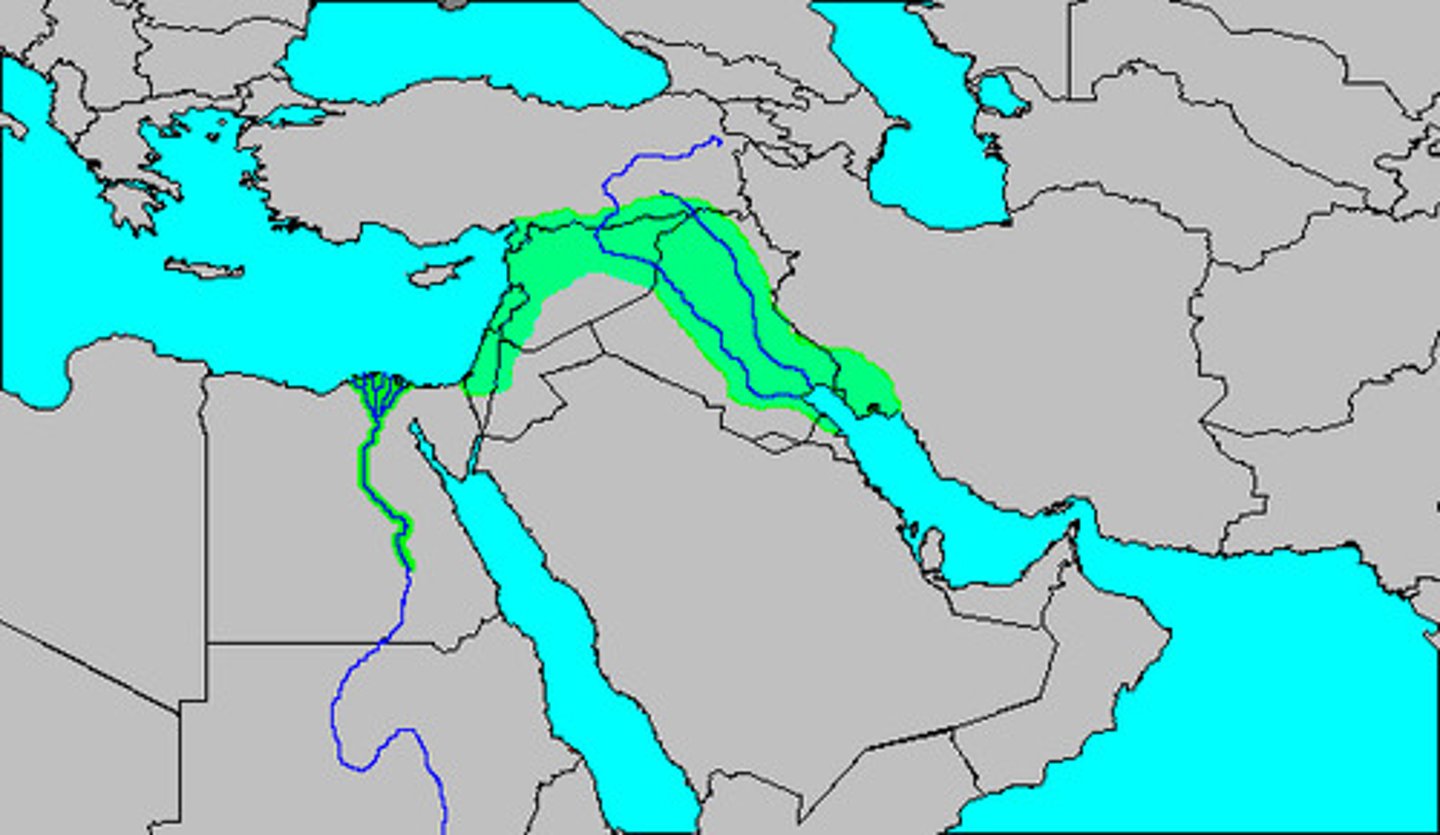 <p>A geographical area of fertile land in the Middle East (SW Asia) stretching in a broad semicircle from the Nile to the Tigris and Euphrates</p>
