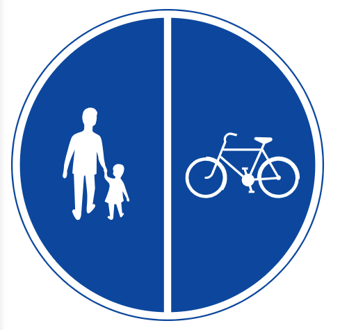 <p><span>Märket anger banor som är delade genom vägmarkering, skiljeremsa eller liknande i en del för gående och en del för cyklande. Symbolernas placering på märket anger vilken del av banan som är avsedd för gående respektive cyklande. Om moped klass II inte får föras på banan anges det på en tilläggstavla.</span></p>