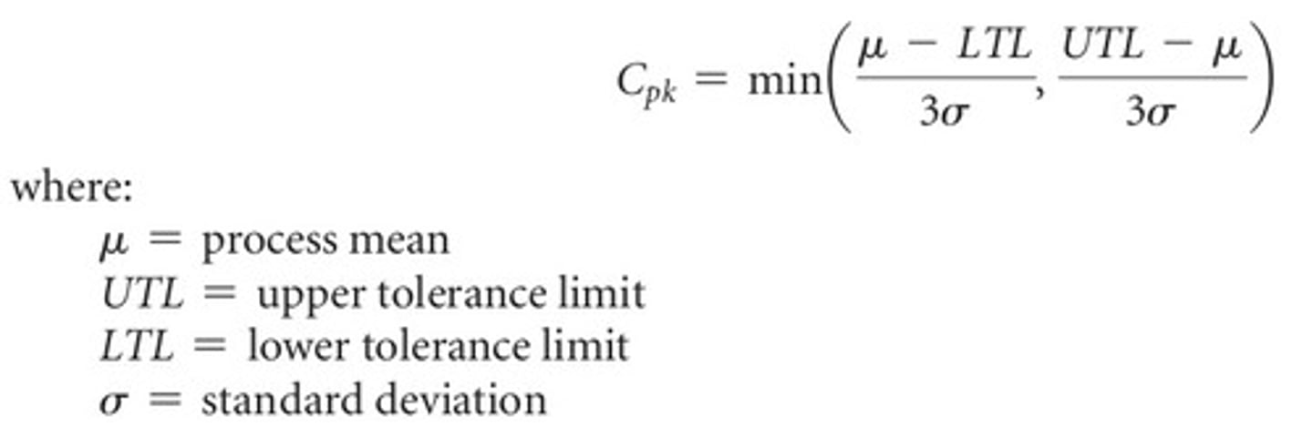 <p>an index that measures the potential for a process to generate defective outputs relative to either upper or lower specifications</p>