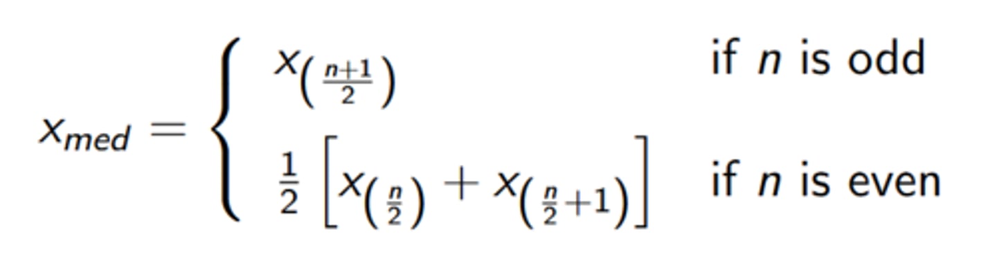<p>- "middle value" of the data</p><p>- appropriate for ordinal scales, most common measure of location for ordinal variables</p><p>- resistant to outliers, frequently used for metric variables</p>