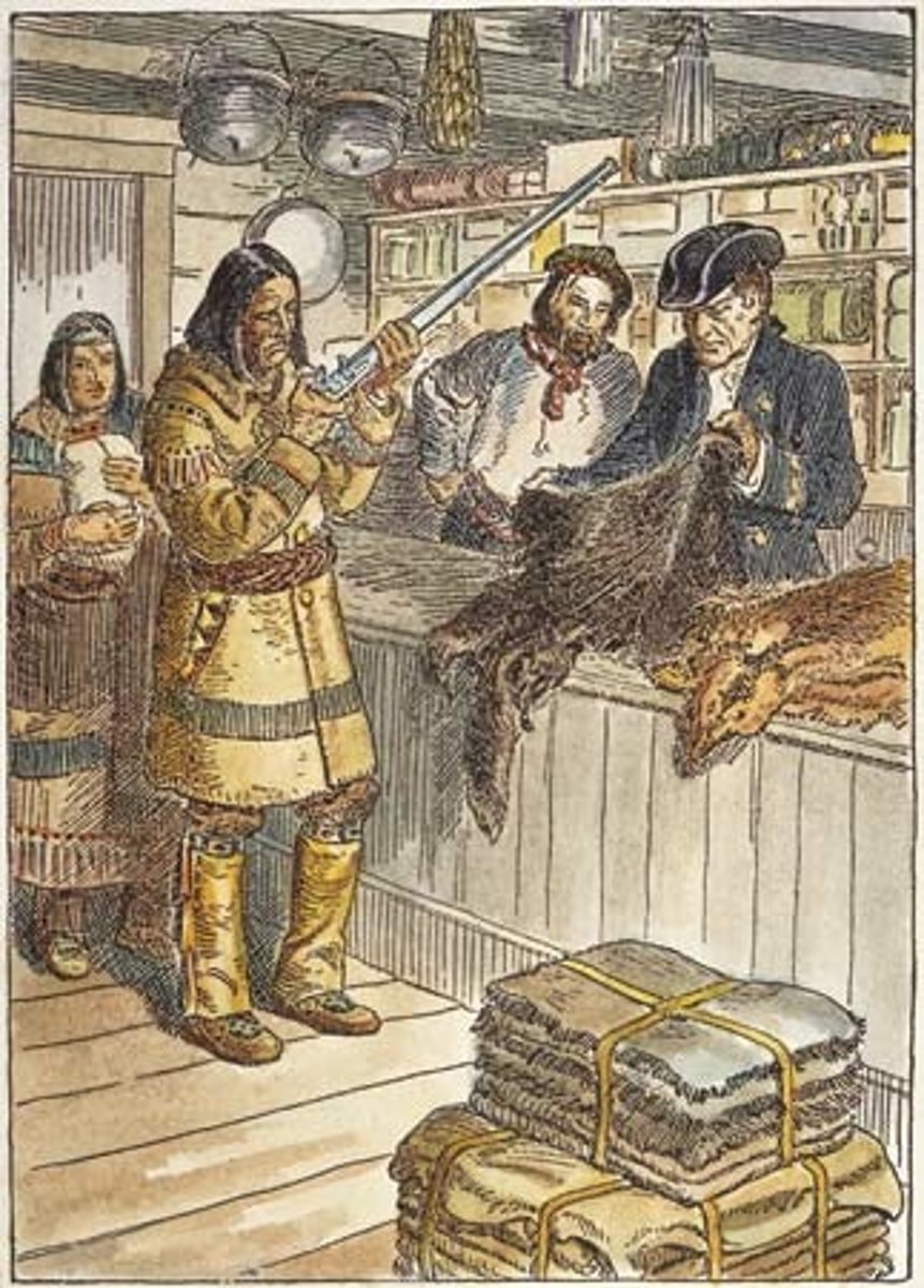 <p>the trading of goods for animal skins. Early pull factor for European colonists.</p>