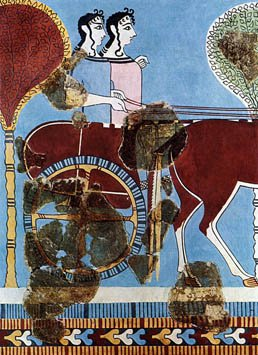 <p>Tiryns Fresco of man and woman in a chariot </p>
