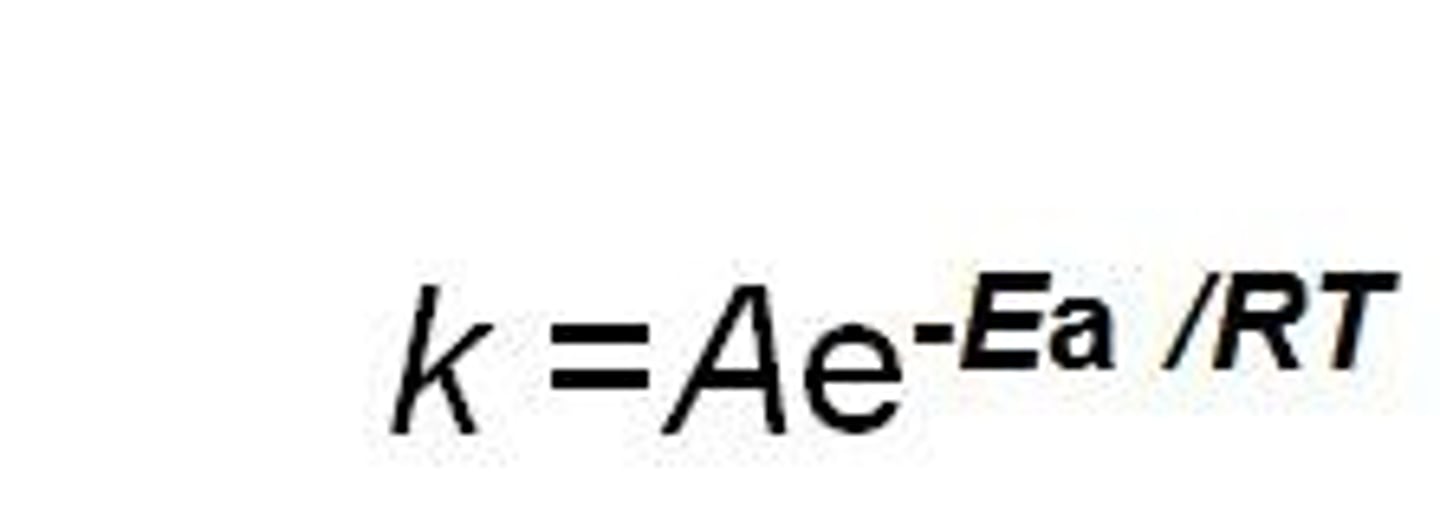 <p>Mathematical way of representing collision theory.</p><p>low activation energy and high temp make the negative exponent smaller in magnitude, which increases the rate constant k</p><p>*A is the frequency or pre-exponential factor and e^(-Ea/RT) is the fraction of collisions that have enough energy to react (i.e., have energy greater than or equal to the activation energy Ea) at temperature T.</p>