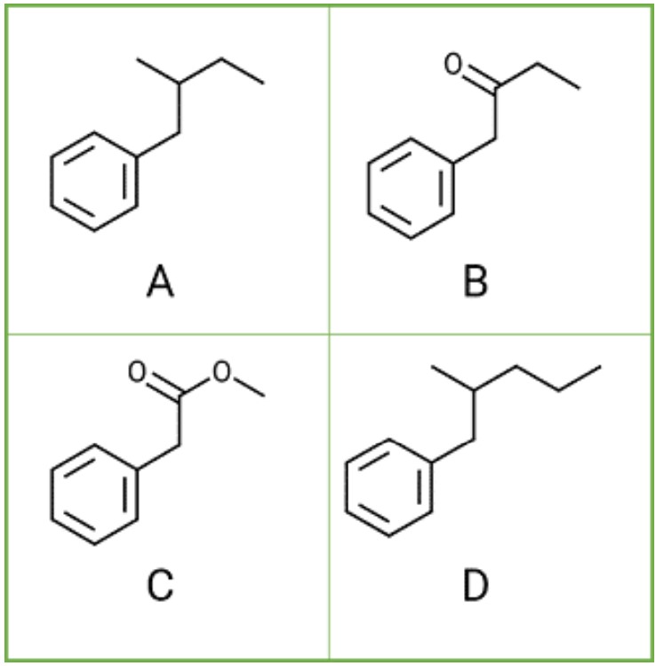 <p>Rank the molecules shown in order of retention . Place the LEAST retained molecule in the first place and the MOST retained molecule in the fourth place</p>