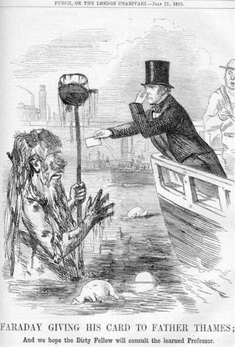 <p>The summer weather led to the River Thames drying up, exposing the effluent at the bottom and releasing a gut-wrenching smell. The rich and powerful left London for the summer and returned in winter supporting ideas about improving the sewage and waste disposal situation</p>