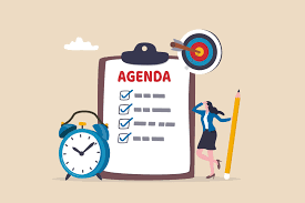 <p>a list of matters to be discussed at a meeting</p><p></p><ul><li><p>There were several important items on the . </p></li><li><p>The question of the security is high on the agenda for this afternoon's meeting. </p></li></ul>
