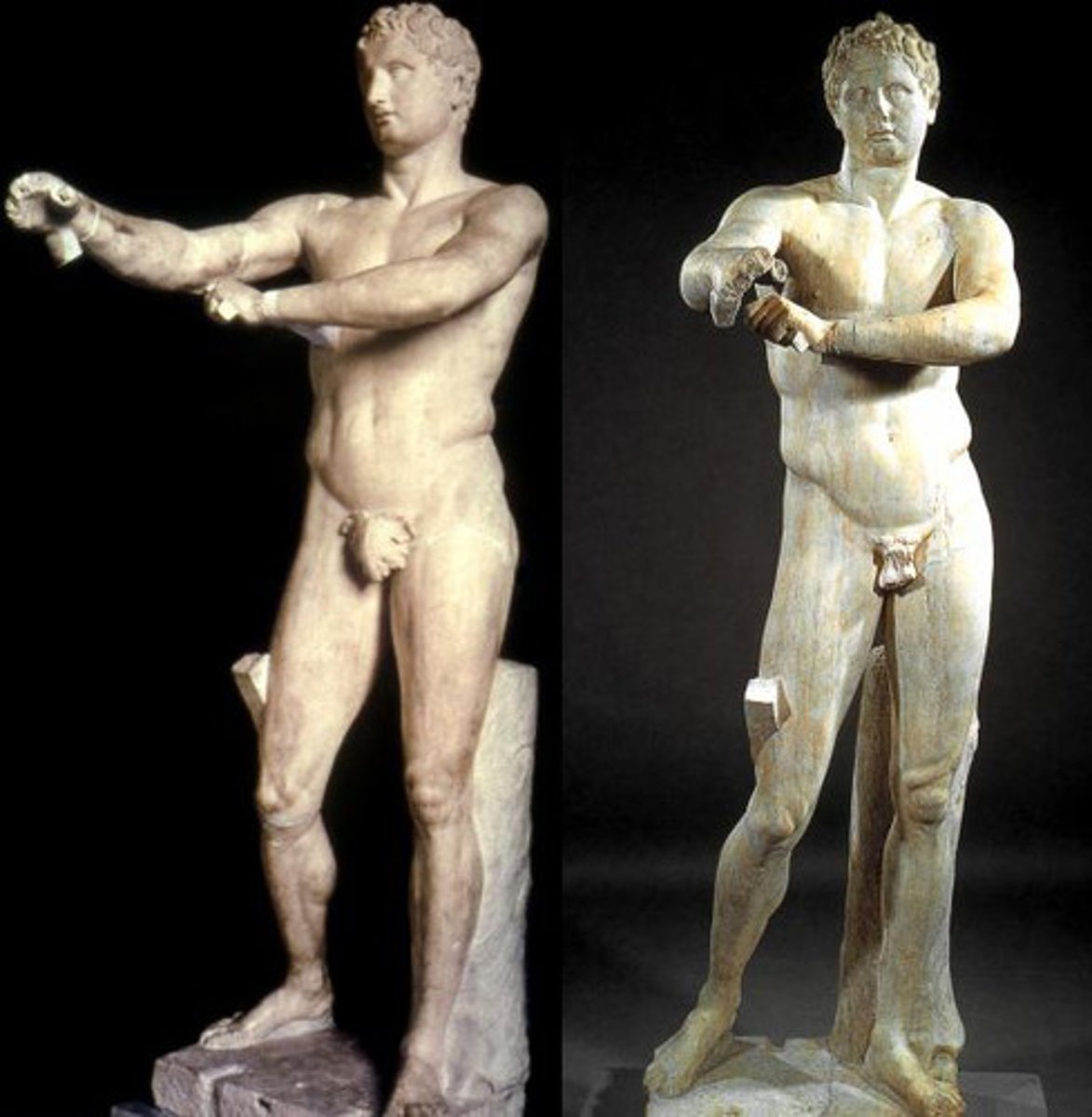 <p>Late classical; 330 BCE; marble copy; Lysippos introduced new canon of proportions: slender bodies, head's 1/8 height of body; ancient Greeks considered beauty to be matter of "correct" proportions; apoxyomenos=athlete scraping oil from body after exercise; nervous energy visible by facial features; athlete about to switch strigil (scraper) to other hand--> this will shift weight to other side of body.</p>