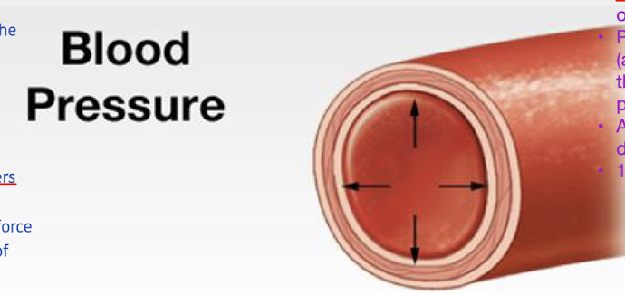 force of blood pushing on the walls of the blood vessel

vessels should be keeping the blood w/in

the volume is pushing on the walls of its container 