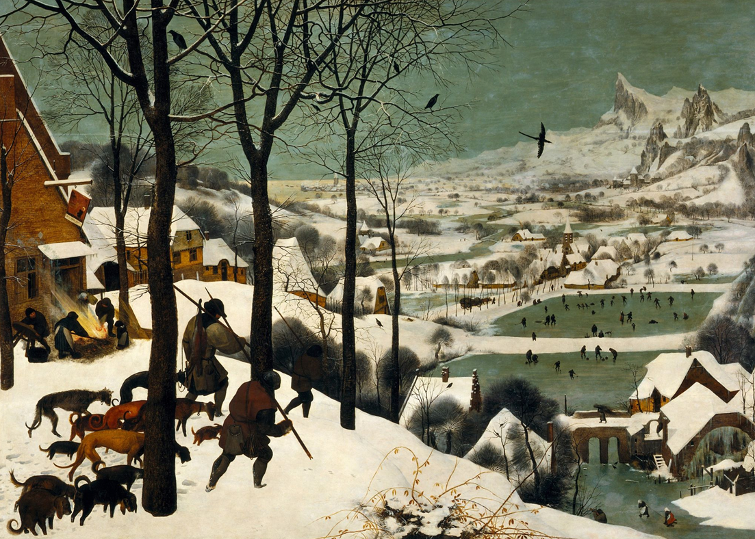 <p>This is a landscape painting of a village in the deep of winter. On the left side of the painting on the top we see two hunters returning from a hunt while on the right side on the painting to the bottom we see people having fun on the ice. Having these two different things shows the life during the deep winter.  </p>
