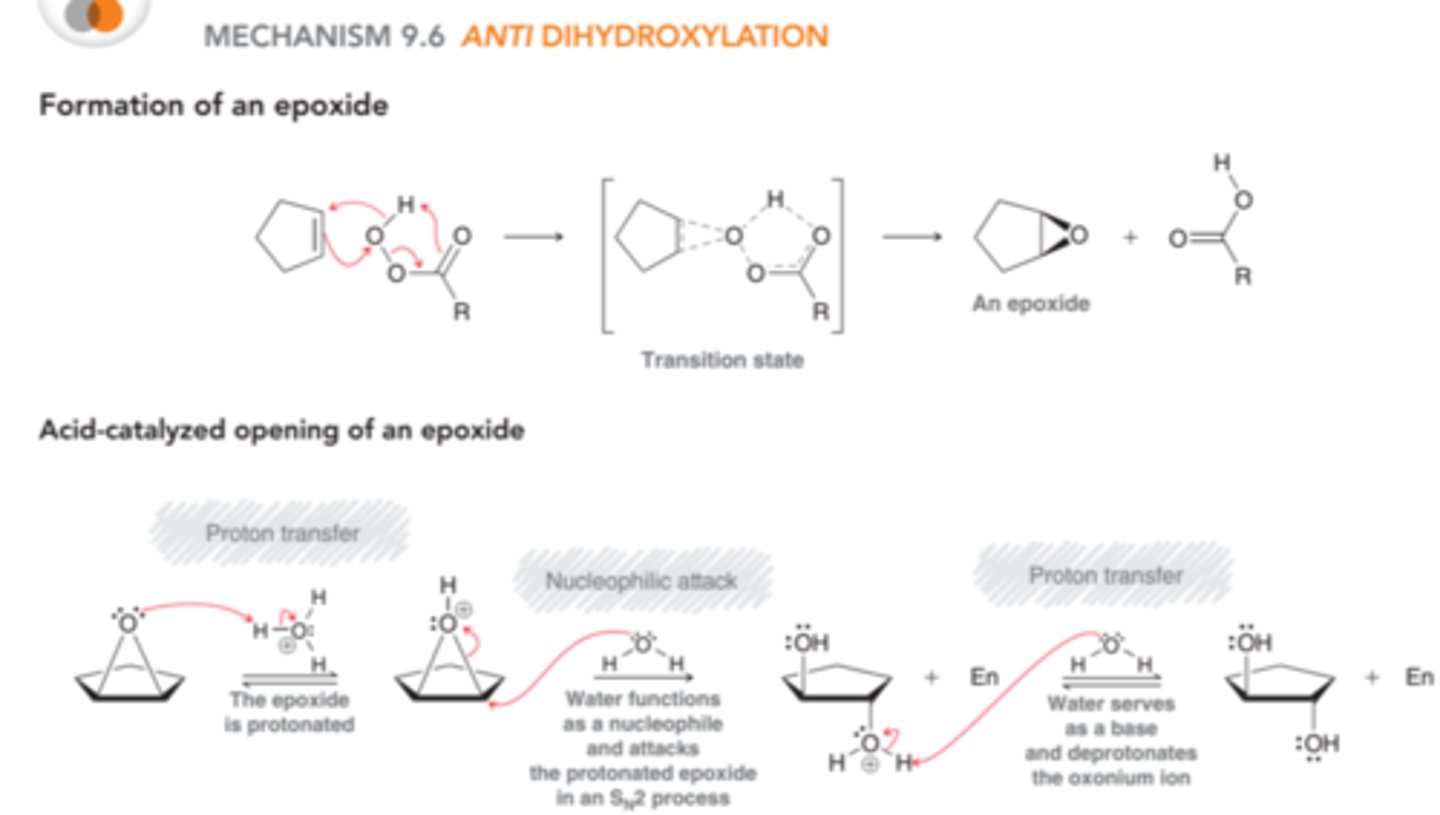 <p>In the first part of the process, a <b>peroxy acid</b>(RCO3H) reacts with the alkene to form an epoxide. The epoxide is then protonated(in this case by acid) to produce an intermediate that is very similar to a bromonium or mercurinium ion. This intermediate can then be attacked through back-side attack by water(SN2). In the final step, the oxonium ion is deprotonated to yield a trans diol. H2O is used instead of OH to deprotonate because we are considering this reaction under acidic conditions, so hydroxide ions are not present in sufficient quantity to participate in reaction</p>