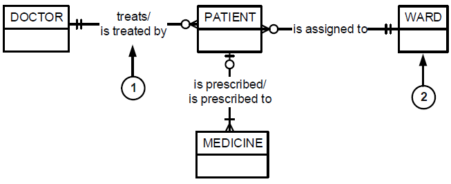 <p>Based on the diagram, labels 1 and 2 refer to ________ and ________, respectively.</p><p>[A] 1) Attribute 2) Instance</p><p>[B] 1) Entity 2) Instance</p><p>[C] 1) Cardinality 2) Relationship</p><p>[D] 1) Relationship 2) Cardinality</p><p>[E] 1) Relationship 2) Entity</p>