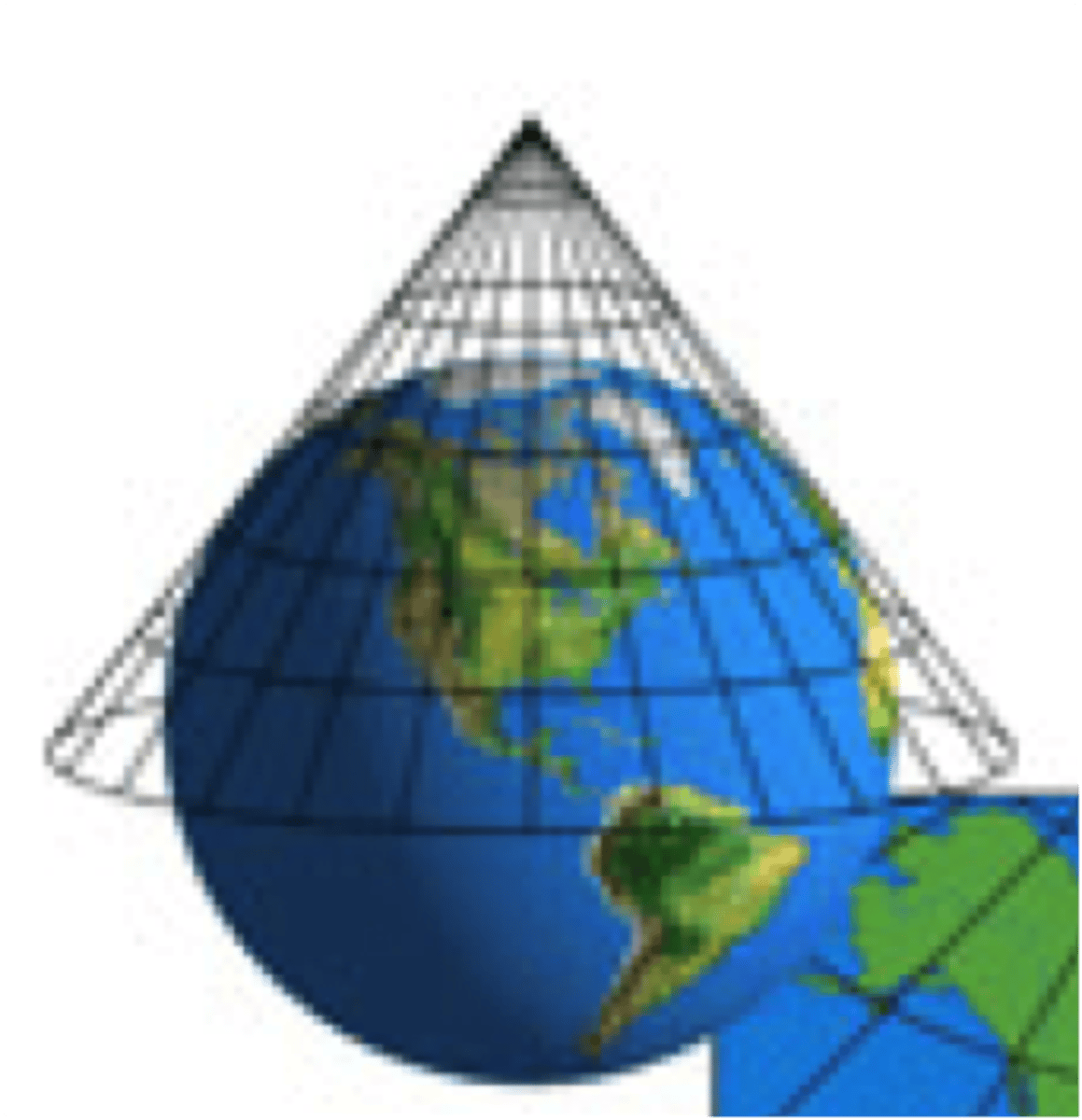 <p>a map projection that is made by moving the surface features of the globe onto a cone (useful for portions of the globe, such as the United States)</p>