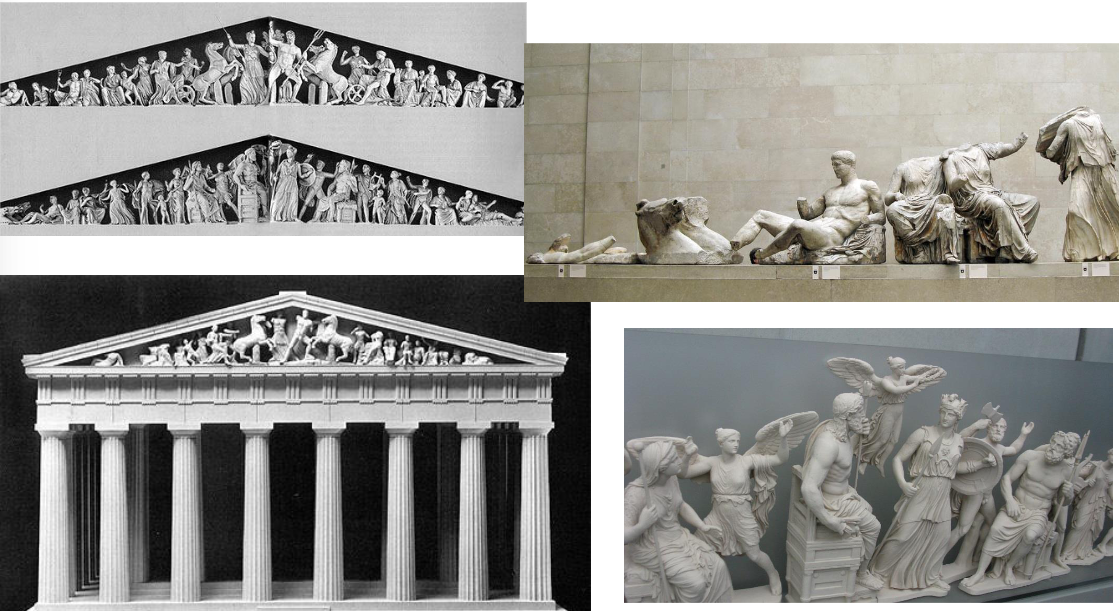 <p>Pediments</p><ul><li><p>Where on the building are these? What are the two stories they’re telling?</p></li></ul>