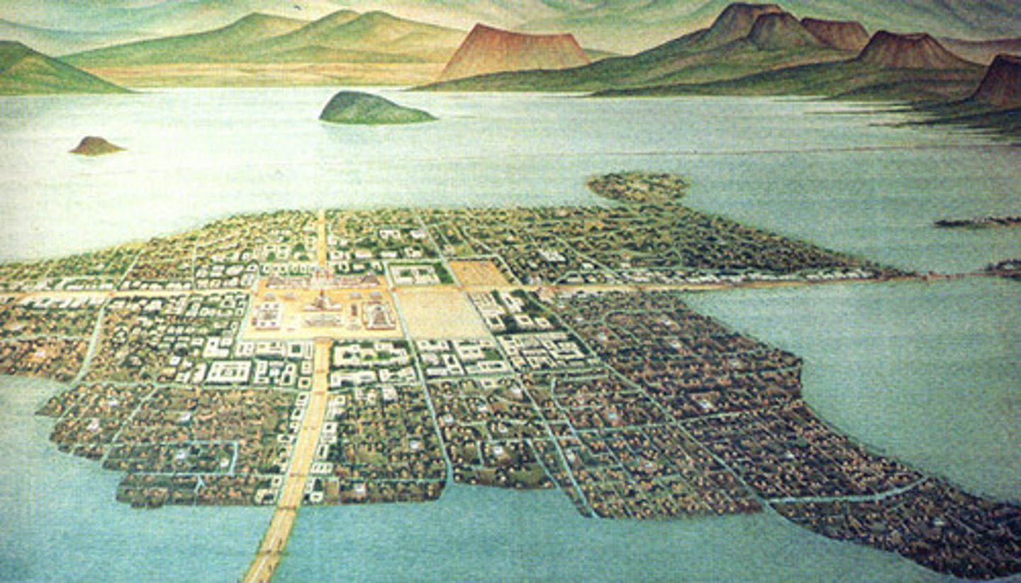 <p>This powerful Native American civilization centered in what is today Mexico, contained cities, roads, irrigation systems, extensive trade networks, and pyramid-temples that still inspire wonder. Its capital city, with a population of close to 250,000 people, was one of the world's largest cities. Much of the city and the Aztec culture was destroyed by the Spanish through disease and warfare.</p>