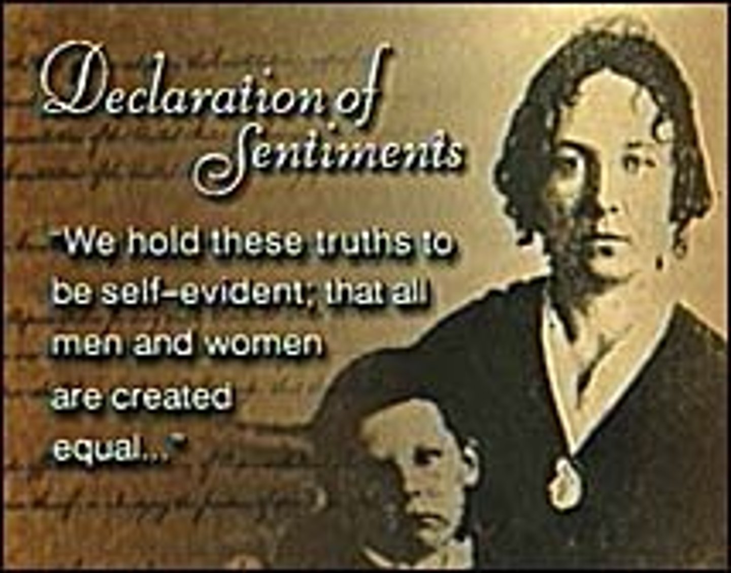 <p>In 1848 women's rights movement wrote a "Declaration of Sentiments" calling for equal rights. Organized by E. C. Stanton and L. Mott</p>