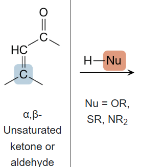 <p>What is the product of the reaction between an alpha, beta-unsaturated ketone or aldehyde, and H-Nu?</p>