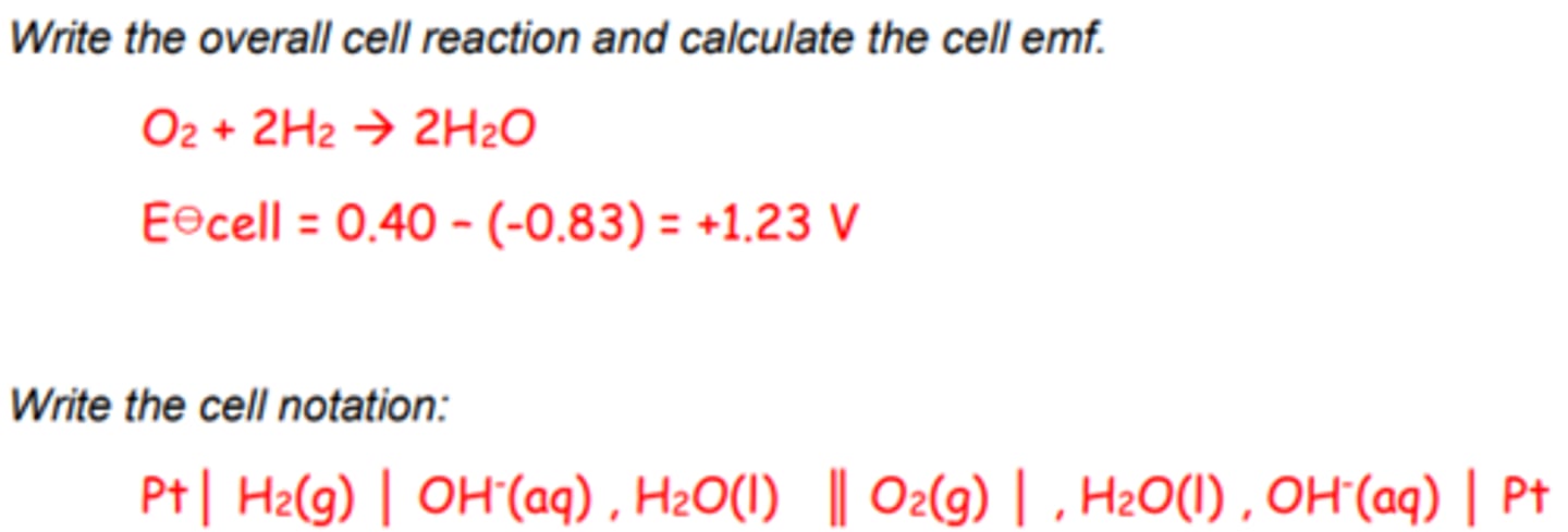 <p>The fuel cell can also operate under alkaline conditions.<br>(Anode) Negative electrode: <br>H2(g) + 2OH- -&gt; 2H2O (l) + 2e-<br>E = -0.83 V<br>(Cathode) Positive electrode: <br>O2(g) + 2H2O (aq) + 4e- -&gt; 4OH-(l) <br>E = 0.40 V</p>