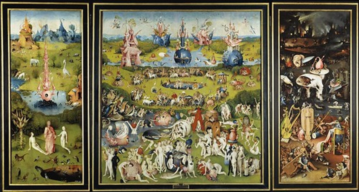 <p>1505-1510. Oil on panel. Museo del Prado, Madrid, Spain.</p><p>Subject: Garden of Eden and Hell/Alchemy </p><p>Left: Adam and Eve with God in the Garden of Eden.</p><p>Center: An Eden of bizarre pleasure, it demonstrates the sins of Adam and Eve's descendants before the great flood. It is an overripe paradise.</p><p>Right: The torments of damnation in Hell are the repercussions of the sin demonstrated in the center panel.</p><p>Closed wings depict an orb representing Earth and the third day of creation, where light is separated from dark, and land is separated from water.</p>