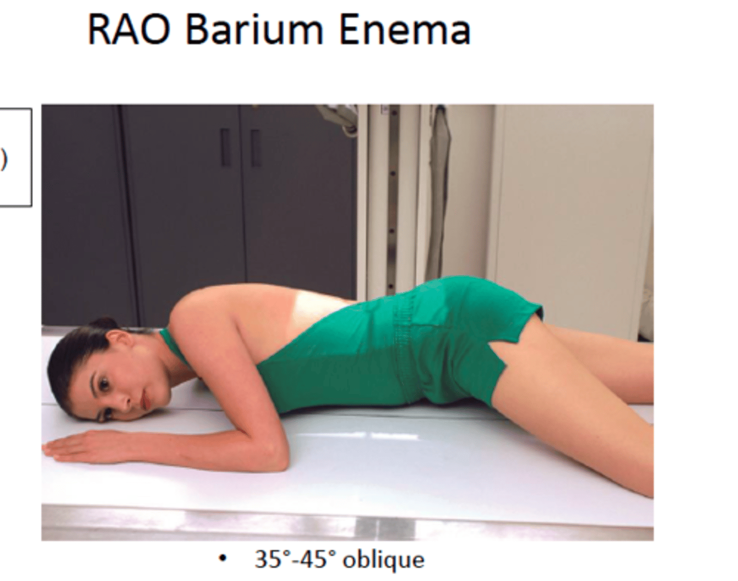 <p>35-45 degree RAO or LPO, CR at iliac crest. Shows right colic flexure (hepatic flexure) and ascending colon.</p>