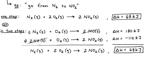 <ul><li><p>in going from a set of reactanrs to a set of products, the change in enthalpy is the same, regardless of how many steps the process takes</p></li><li><p>if the reaction is reversed, the sign of enthalpy also gets reversed</p></li><li><p>if a reaction is multiplied through by a coefficient, then enthalpy also gets multipled through by coefficient</p></li></ul><p></p>