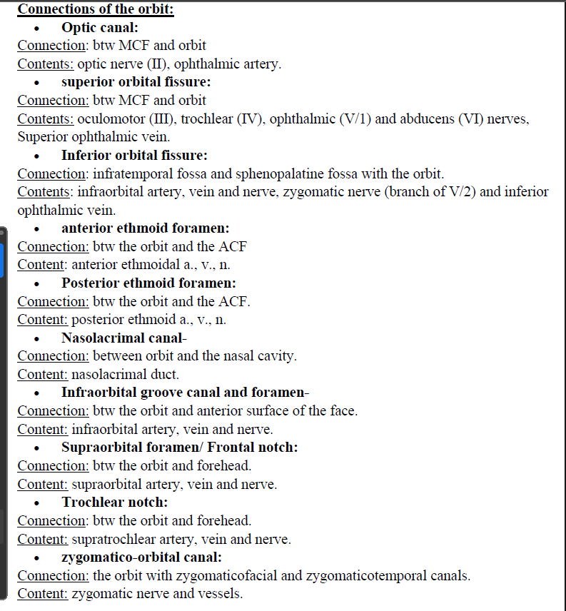 <ol><li><p>Optic canal</p></li><li><p>Superior orbital fissure</p></li><li><p>Inferior orbital fissure</p></li><li><p>Anterior ethmoidal foramen</p></li><li><p>Posterior ethmoid foramen</p></li><li><p>Nasolacrimal canal</p></li><li><p>Infraorbital groove, canal and foramen</p></li><li><p>Supraorbital foramen/ frontal notch</p></li><li><p>Trochlear notch</p></li><li><p>Zygomatico orbital canal</p></li></ol><p></p>