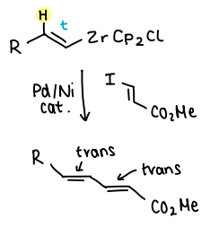 <p>If the R-X added contains a double bond:</p><ul><li><p>Using a Ni catalyst yields 95% trans-trans and 5% trans-cis.</p></li><li><p>Using Pd yields over 99% trans-trans.</p></li></ul><p></p>