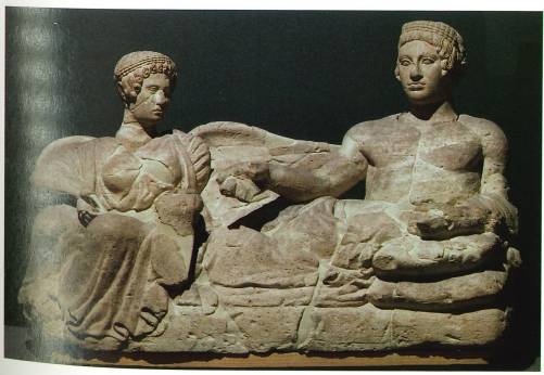 <p><span>Lid of a cinerary urn with banqueting man and Vanth</span></p>