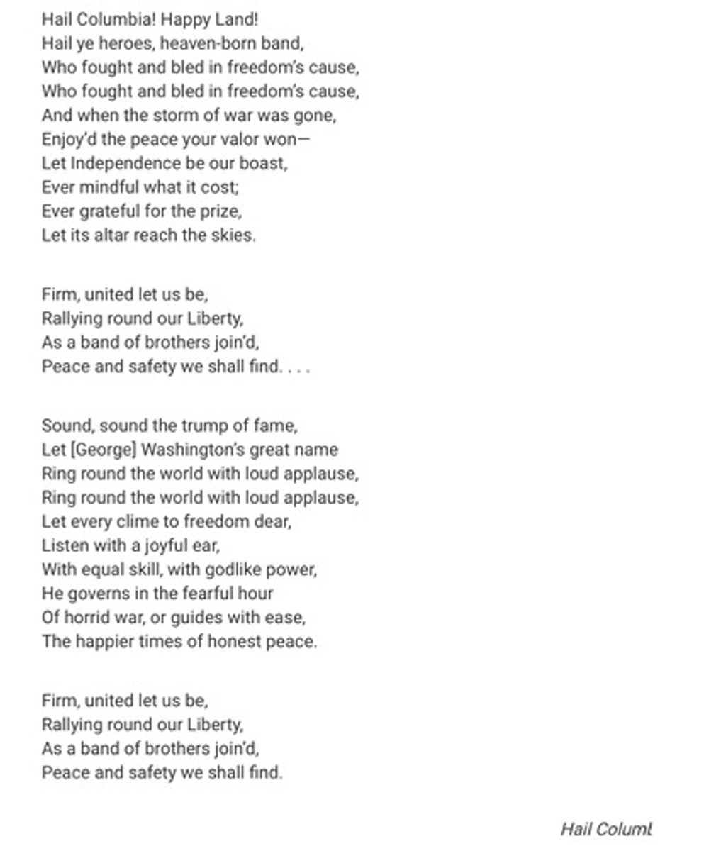 <p>Which of the following developments best explains the sentiment expressed in the first verse of the song lyrics?</p><p>A.The conflicts between the federal army and Native Americans on western frontiers</p><p>B. The resumption of commerce with Great Britain after the American Revolution</p><p>C. The growth among people in the United States of a sense of national identity</p><p>D. The partisan clash between Democratic-Republicans and Federalists</p>