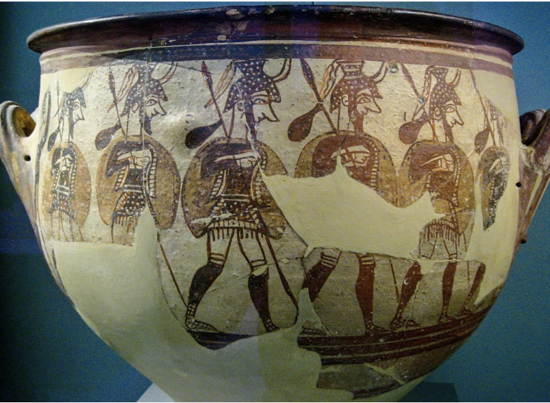 <p><span style="background-color: transparent; font-family: "EB Garamond", serif;"><span> shows Mycenaean warriors (first depiction of people in pottery) / Greek soldiers.</span></span></p>