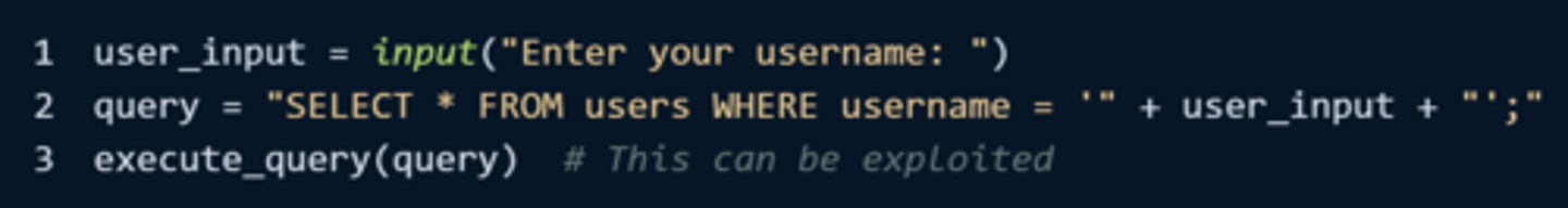 <p>An attacker is able to <span class="bgP">insert malicious code into a program</span>. This code is then <span class="bgP">executed by the system</span></p><p></p><p>Potentially leading to <span class="bgP">unauthorized actions</span>, <span class="bgP">data breaches</span>, or other harmful outcomes.</p>