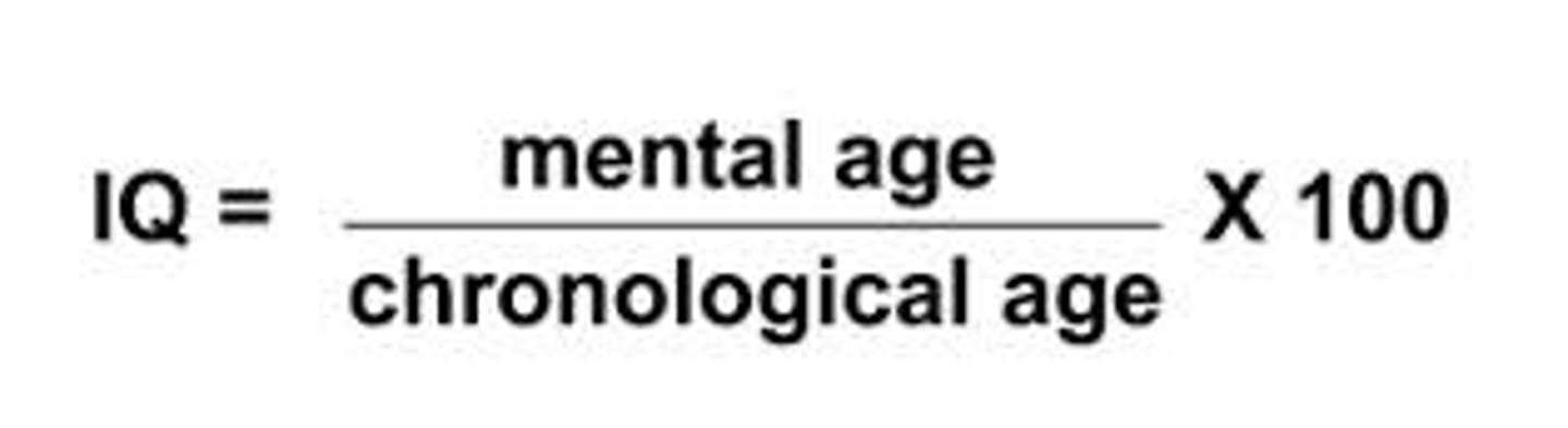 <p>defined originally as the ratio of mental age (ma) to chronological age (ca) multiplied by 100 [thus, IQ = (ma/ca) x 100]. On contemporary intelligence tests, the average performance for a given age is assigned a score of 100.</p>