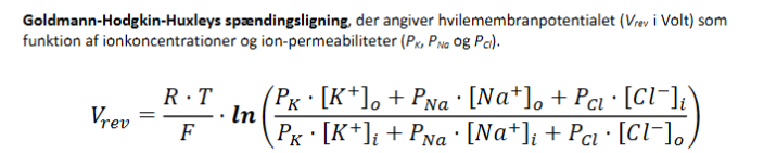 <p>Goldmann-Hodgkin-Huxleys spændingsligning</p>