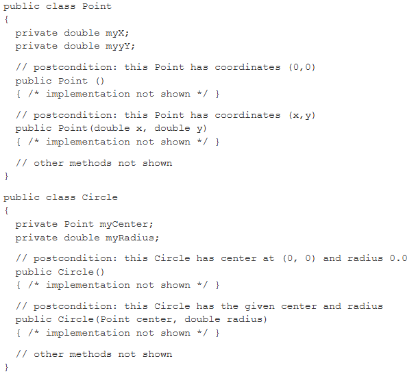 <p><strong>The question refer to the following declarations.</strong><br><strong>…</strong><br><span><span>In a client program which of the following correctly declares and initializes&nbsp;&nbsp;Circle circ&nbsp; with center at (29.5, 33.0) and radius 10.0 ?</span></span></p>