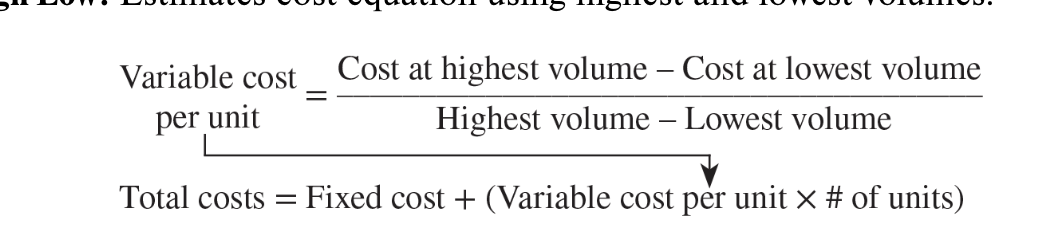 <p>estimates cost equation using highest and lowest volumes </p>