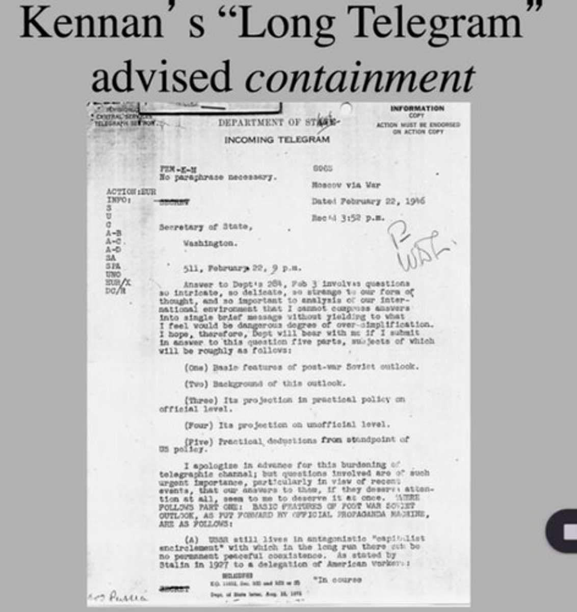 <p>A foreign policy strategy aimed at preventing the expansion of an adversary's influence, particularly used by the U.S. during the Cold War to stop the spread of communism.</p>