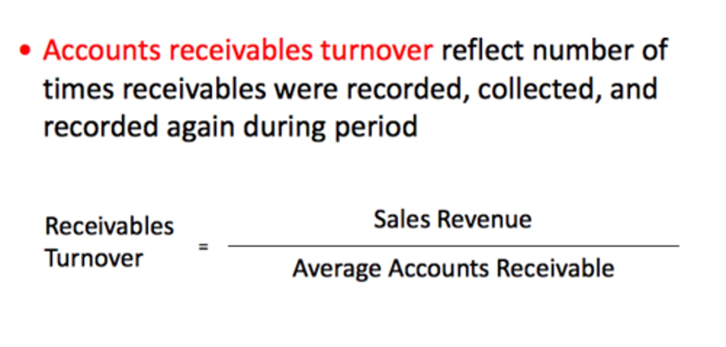 <p>Sales on Account /</p><p>average A/R</p><p>measures a company's liquidity</p>