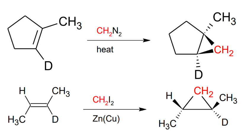 <p>Either uses CH2N2 + heat    or uses CH2I2 + Zn(Cu)</p>