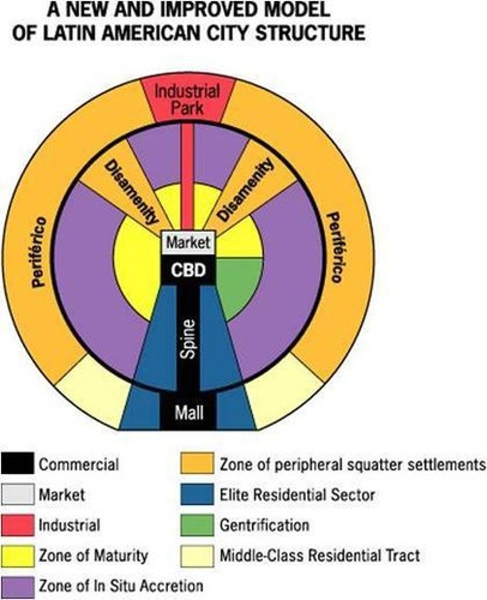 <p>A spatial city model that includes a prestigious, commercial axis (spine) which emanates outward from the CBD and is surrounded by a peripheral area containing squatter settlements.</p>