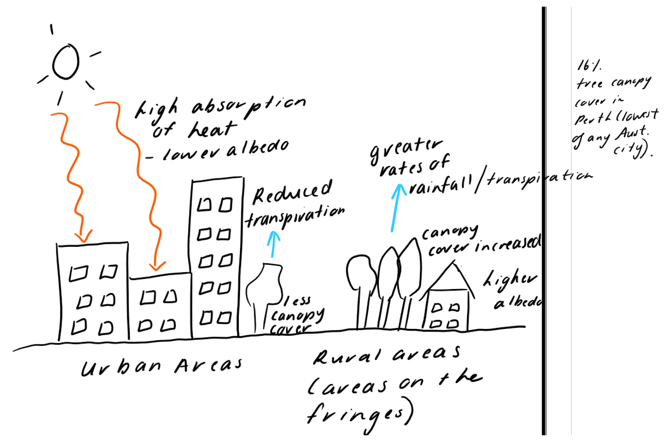 <p><span>→ </span><span style="font-family: Calibri, sans-serif">There is a strong correlation or interrelationship between land cover change &amp; climate.</span></p><p class="MsoListParagraphCxSpMiddle"><span>→</span><span style="font-size: 7pt; font-family: &quot;Times New Roman&quot;"> </span><span style="font-family: Calibri, sans-serif">Over time process of land cover change (deforestation &amp; urban development) lead to changes in surface reflectivity (albedo) &amp; carbon sequestration (carbon storage).</span></p><p class="MsoListParagraphCxSpMiddle"><span>→ </span><span style="font-family: Calibri, sans-serif">Changes in climatic conditions also affect land cover, creating feedback loops influencing future climate changes.</span></p><ul><li><p class="MsoListParagraphCxSpLast"><span style="font-family: Calibri, sans-serif">Feedback looks can be created by processes such as changes in albedo that can either increase or decrease the effects of climate change (such as temperature increase.</span></p></li></ul><p class="MsoListParagraphCxSpLast"><span style="font-family: Calibri, sans-serif"><strong><u>Changes in Surface Reflectivity:</u></strong></span></p><p class="MsoNormal"><span style="font-family: Calibri, sans-serif"><strong>Deforestation:</strong> is one example of land cover change involving the removal &amp; conversion of forests to other land uses, such as agriculture, urban development &amp; mining, this can lead to changes in albedo (reflectivity of a surface)</span></p><p class="MsoListParagraphCxSpFirst"><span>→</span><span style="font-size: 7pt; font-family: &quot;Times New Roman&quot;"> </span><span style="font-family: Calibri, sans-serif">Vegetation cover absorbs more heat than bare soil as forested surfaces have lower albedo (higher absorption).</span></p><ul><li><p class="MsoListParagraphCxSpMiddle"><span style="font-family: Calibri, sans-serif">This results in higher levels of evaporation of soil moisture &amp; plant transpiration</span></p></li><li><p class="MsoListParagraphCxSpMiddle"><span style="font-family: Calibri, sans-serif"><strong><em>E.g., approximately 50% of the rainfall in a tropical rainforest is attributed to evaporation</em></strong></span></p></li></ul><p class="MsoListParagraphCxSpMiddle"><span>→</span><span style="font-size: 7pt; font-family: &quot;Times New Roman&quot;"> </span><span style="font-family: Calibri, sans-serif">If forests are removed the reflectivity or albedo of the surface increases (i.e., higher albedo) by up to 14%.</span></p><ul><li><p class="MsoListParagraphCxSpMiddle"><span style="font-family: Calibri, sans-serif">This means less heat is absorbed &amp; less moisture is taken up into the atmosphere contributing to climate change &amp; a decrease in rainfall on a local &amp; regional level.</span></p></li></ul><p class="MsoListParagraphCxSpMiddle"><span style="font-size: 14.08px"><strong><em>→</em></strong></span><strong> </strong><span style="font-family: Calibri, sans-serif"><strong><em>E.g., rainfall across the Amazon Basin could be reduced by more than 20% by the year 2050 if current rates of deforestation continue.</em></strong></span></p><ul><li><p class="MsoListParagraphCxSpLast"><span><strong><em>Deforestation has caused 50% of the reduction in rainfall observed in SW WA.</em></strong></span></p></li></ul><p></p><p><span style="font-family: Calibri, sans-serif"><strong>Urban Development:</strong> Is another process of land cover change that interact with climate due to rapid population growth &amp; direct human influence on terrestrial ecosystems, urban settlements have been established &amp; expanded across the world.</span></p><p class="MsoListParagraphCxSpFirst"><span>→</span><span style="font-size: 7pt; font-family: &quot;Times New Roman&quot;"> </span><span style="font-family: Calibri, sans-serif">Urban development causes changes in surface reflectivity (albedo)</span></p><ul><li><p class="MsoListParagraphCxSpMiddle"><span style="font-family: Calibri, sans-serif"><strong><em>E.g., the urban heat island effect is created when vegetation is replaced with urban structures with darker surfaces (i.e., paved surfaces, buildings &amp; roads). These darker surfaces have a lower albedo absorbing more heat, in turn a positive feedback loop is created raising surface temperatures.</em></strong></span></p></li></ul><p class="MsoListParagraphCxSpMiddle"><span>→</span><span style="font-size: 7pt; font-family: &quot;Times New Roman&quot;"> </span><span style="font-family: Calibri, sans-serif">Removal of large trees also contribute to rising temperatures as less canopy cover results in less shade &amp; a decline in rainfall as plant transpiration is reduced.</span></p><ul><li><p class="MsoListParagraphCxSpLast"><span style="font-family: Calibri, sans-serif"><strong><em>E.g., the annual mean temperature of a city with 1million people or more can be as high as 3°C warmer than its outer edges.</em></strong></span></p></li></ul><p class="MsoListParagraphCxSpLast"></p><p class="MsoListParagraphCxSpLast">DIAGRAM: URBAN HEAT ISLAND EFFECT </p><p class="MsoListParagraphCxSpLast"></p><p><span style="font-family: Calibri, sans-serif"><strong>The Cryosphere: </strong>Refers to regions of the world where water is frozen such as sea ice, glaciers &amp; ice shelves in the Artic &amp; Antarctica.</span></p><p class="MsoListParagraphCxSpFirst"><span>→ </span><span style="font-family: Calibri, sans-serif">These Polar Regions have high albedo on account of their extremely reflective (insolation) white surfaces.</span></p><ul><li><p class="MsoListParagraphCxSpMiddle"><strong><em>E.g., snow &amp; ice have an albedo of up to 90%.</em></strong></p></li></ul><p class="MsoListParagraphCxSpMiddle">→ <span style="font-family: Calibri, sans-serif">Due to rising global temperatures over the last century </span><strong><em>(since 1880 the global temperature has increased by 1.2°C), </em></strong><span style="font-family: Calibri, sans-serif">the extent of snow &amp; ice land cover has decreased.</span></p><ul><li><p class="MsoListParagraphCxSpMiddle"><strong><em>The average temperature in the Arctic has increased by 3.33°C in the past 40 years</em></strong></p></li></ul><p class="MsoListParagraphCxSpMiddle"><span>→ </span><span style="font-family: Calibri, sans-serif">Over the last 20 years, ice sheets in Greenland have melted at a rate 5 times higher than pre-mid-19<sup>th</sup> century.</span></p><p class="MsoListParagraphCxSpLast"><span>→ </span><span style="font-family: Calibri, sans-serif">As the albedo of the surface decreases, less of the sun’s rays are reflected into space &amp; more solar energy is absorbed by the land &amp; ocean.</span></p><p class="MsoListParagraphCxSpLast"><br>DIAGRAM: ICE-ALBEDO FEEDBACK LOOP - Optional (in booklet)</p><p class="MsoListParagraphCxSpLast"></p><ul><li><p class="MsoListParagraphCxSpLast"><span style="font-family: Calibri, sans-serif">This causes surface &amp; sea temperatures to increase resulting in the further reduction in snow &amp; ice land cover continuing to decrease albedo<strong><em> (ice-albedo feedback loop).</em></strong></span></p></li></ul><p></p>