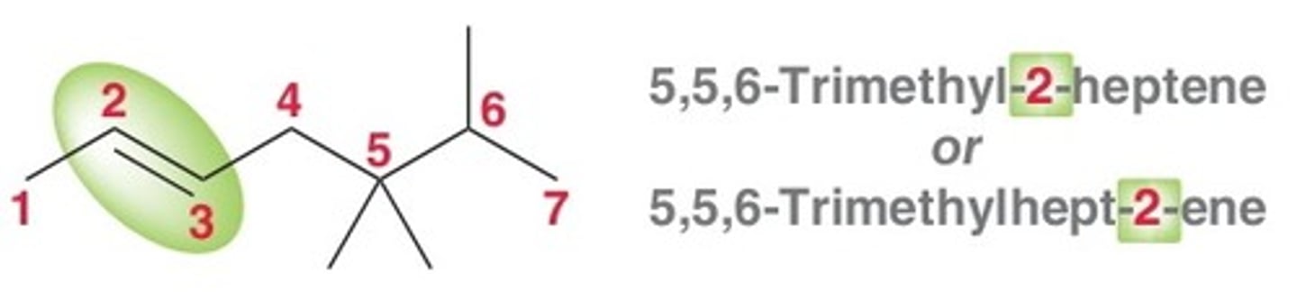<p>1) identify longest chain that includes dble and triple bonds = parent</p><p>2) use the right prefix for the parent based on # of C's and add the suffix -ene for dble bonds and -yne for triple</p><p>3) # the parent chain so the doubel/triple bonds have the smallest possibile number</p><p>***the FIRST doubel or triple bond in the chain should have the lowest #</p><p>3.5) include the location # directly AFTER the parent chain's prefix and directly BEFORE the suffix (ie: hept-2-ene)</p><p>****note: the double/triple bond STARTS at the earlier # if its between 2 and 3, its location is written as 2)</p><p>4) when multiple of the same bond types, use prefix di, tri, tetra, penta and specify location #</p><p>***only example 2 in the picture is correct naming with the location # after the parent's prefix and befor suffix</p>