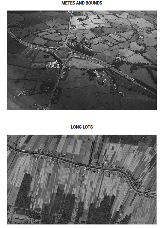 <p>The two images represent different agricultural land survey patterns. Comparing the two images, which survey system was more efficient in terms of trade?</p>
