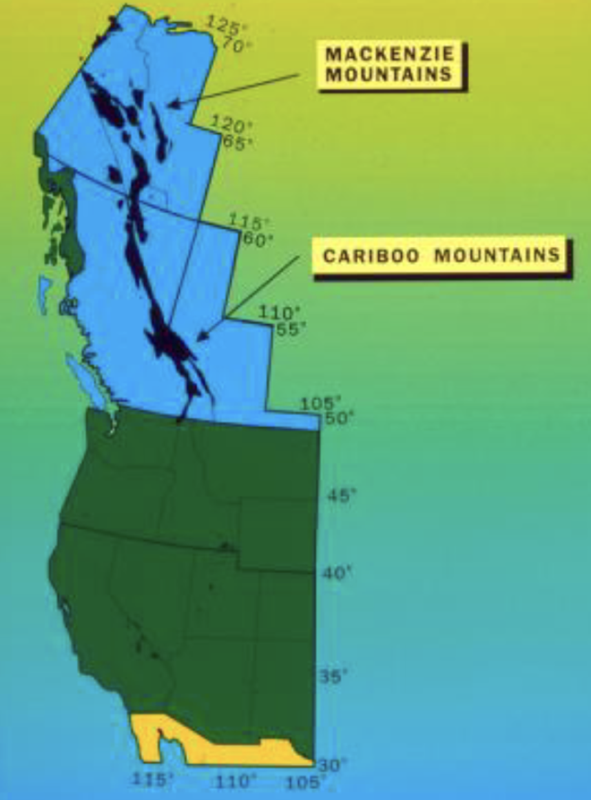 <p>Northwestern N. America</p><ul><li><p>Through Mackenzie mountains and Cariboo mountains</p></li></ul><p></p>