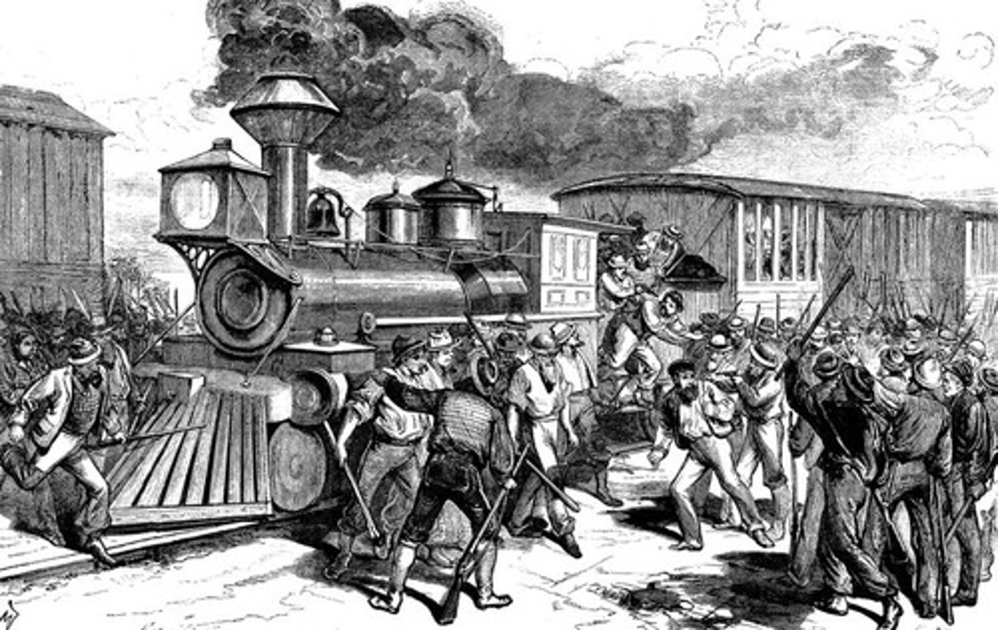 <p>July, 1877 - A large number of railroad workers went on strike because of wage cuts. After a month of strikes, President Hayes sent troops to stop the rioting. The worst railroad violence was in Pittsburgh, with over 40 people killed by militia men.</p>