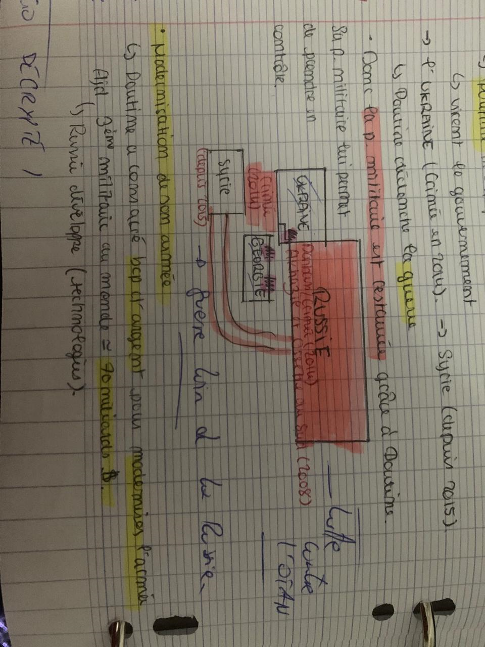 <p></p><p>-implication de russie dans les zones de crise adjacentes <strong><em>→ restaurer la P. militaire russe</em></strong></p><p><strong><em>OTAN → org miliaire autour de US</em></strong></p><p>-la georgie veut integrer OTAN <strong><em>→ veulent la democratie → poutine nest pas daccord donc envoie son armee</em></strong></p><p><strong><em>-</em></strong>ukraine (crimee en 2014) <strong><em>→ syrie (2015) } poutine declende la guerre</em></strong></p><p><strong><em>donc la P. militaire est restauree</em></strong></p><p>-modernisation de larmee <strong><em>→ poutine consacre bcp dargent → 3e militaire au monde (technologies)</em></strong></p><p></p>