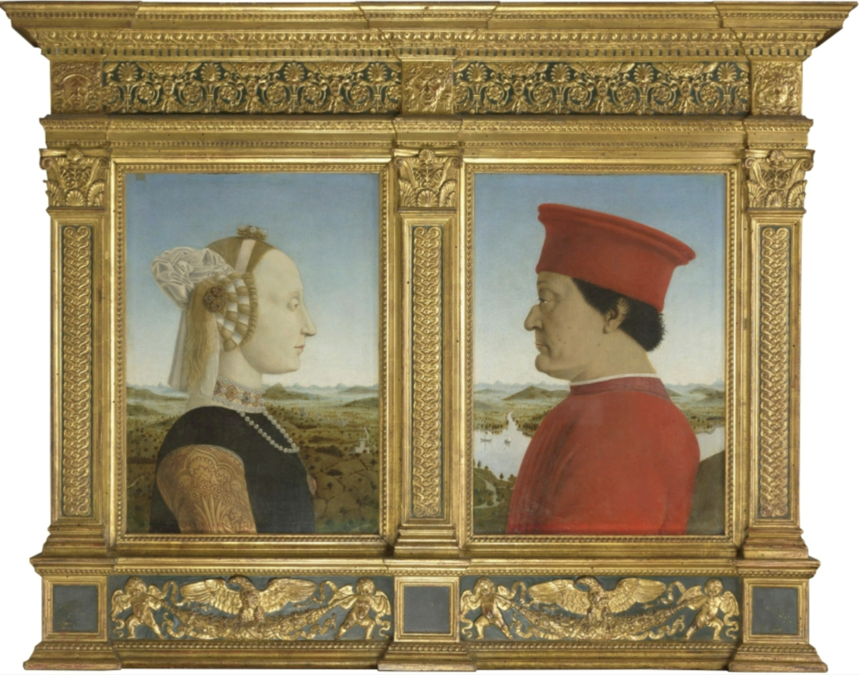<ul><li><p>oil on wood, Florence</p></li><li><p>Portraiture depicts individual human subjects</p><ul><li><p>Concerned w/ capturing physical likeness of person</p></li></ul></li><li><p>Artists start to engage with personality of their models</p></li><li><p>Wealthy use portraiture to further their goals</p></li><li><p>Has memorial function as well, stand in for person in their absence</p></li><li><p>Use of profile views like this were common in renaissance portraiture</p><ul><li><p>Women’s stayed as side profiles for longer than men’s</p></li></ul></li><li><p>Although on two-different panels, there is connections</p><ul><li><p>Shown as relative equals since on same height</p></li><li><p>Landscape connects them across panels</p></li><li><p>River and ships suggest worldliness and duty for the dutch</p></li><li><p>Lack of emotion is common for early renaissance portraiture</p><ul><li><p>More about display of social status and strong traits</p></li></ul></li><li><p>Jewelry and fancy clothes display wealth and social status</p><ul><li><p>Purity is reflected w/ pearls</p></li></ul></li></ul></li><li><p>Women are shown in profile view to objectify them because straight on portrait w/eyes to viewer shows agency</p></li></ul>