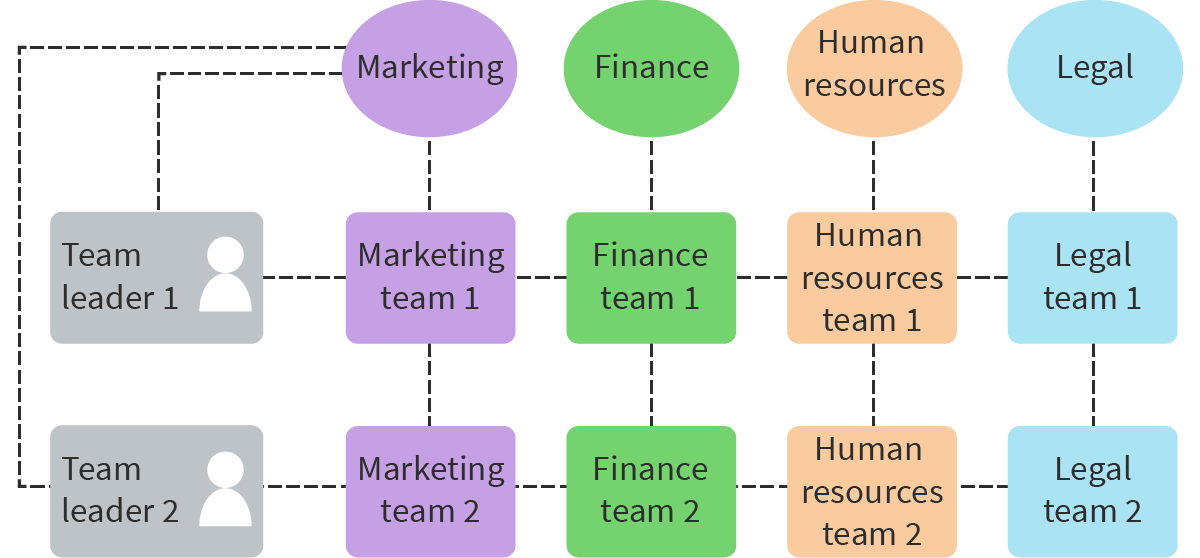 <p>An organizational structure that has two or more reporting structures; employees working in teams on a project report to both a project manager and a department manager.</p>