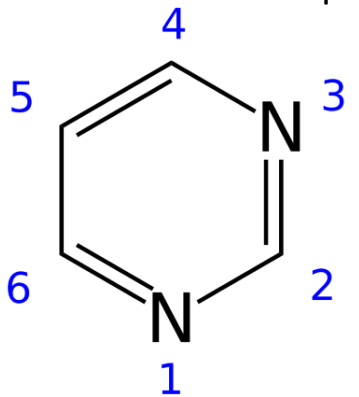 <p>heterociklinis organinis junginys, panašus į benzeną ir piridiną, turintis du N atomus 1 ir 3 šešianario žiedo pozicijose</p>