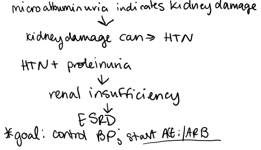 <p>if someone has microalbuminuria, start them on ACEi and decrease protein in diet to help slow progression to end stage kidney disease<br><br>Checking for microalbuminuria in diabetic patients is crucial because <strong><mark>it serves as an early indicator of kidney damage</mark></strong><br><strong><mark>we also want to check BUN:Cr</mark></strong></p>